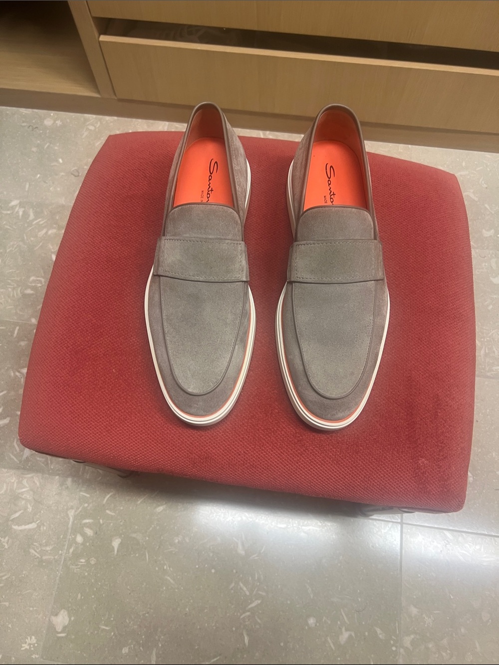 Santoni Gray Suede Slip-On Loafers with Orange Insoles
